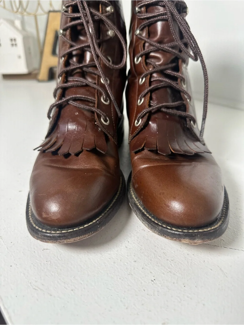 Vintage Justin Lace Up Kiltie Boots Women's 6B Made in USA Brown Leather Roper - Picture 3 of 8